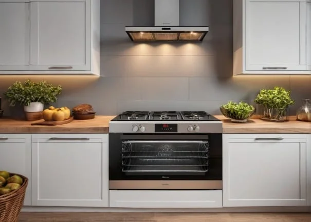 Kitchen setting with an oven and clear worktops