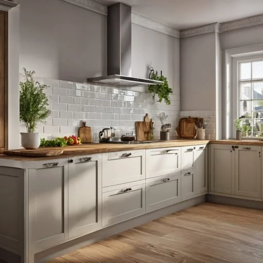 Cream kitchen cabinetry, worktops and a cooker with clear working space