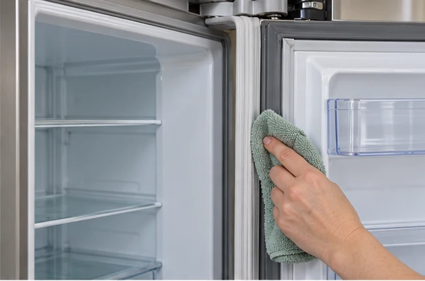 Detailed cleaning around a fridge door seal