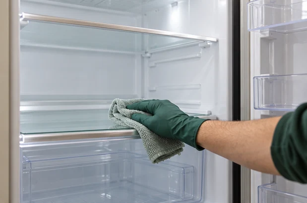 Open refrigerator interior with removable shelves