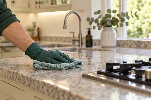 Gloved hand wiping a kitchen worktop beside a hob