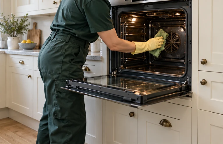 Cleaning work underway inside an oven