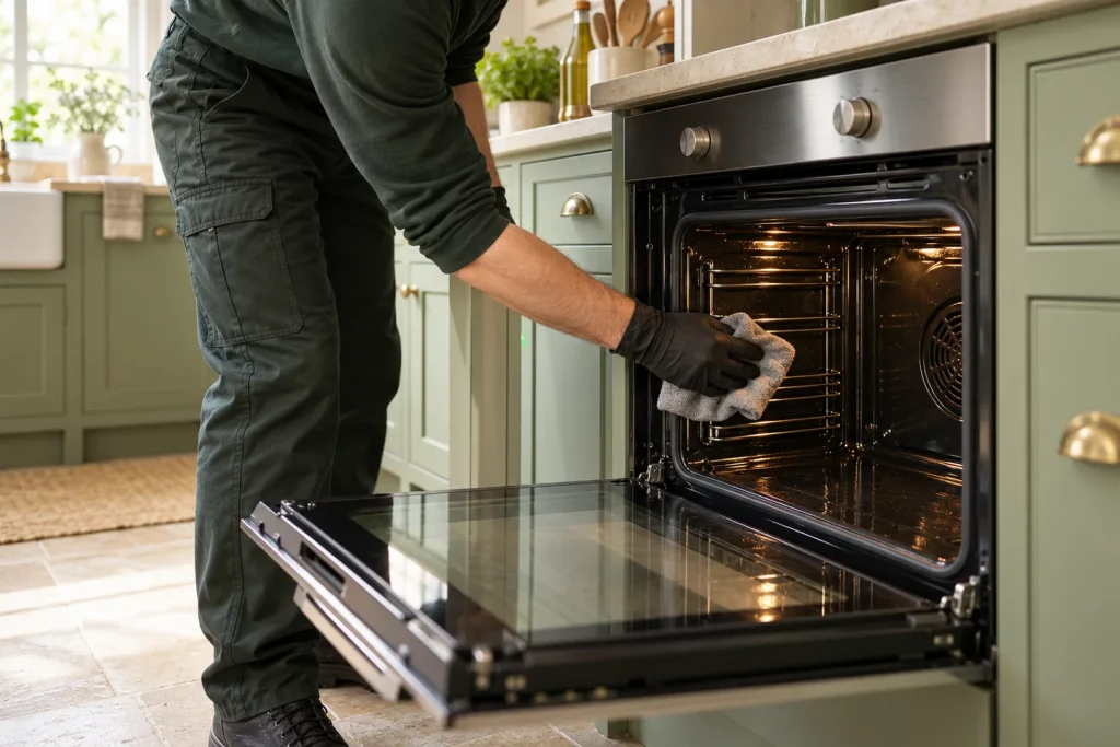 Gloved technician wiping the interior of an oven beside sage kitchen cabinets