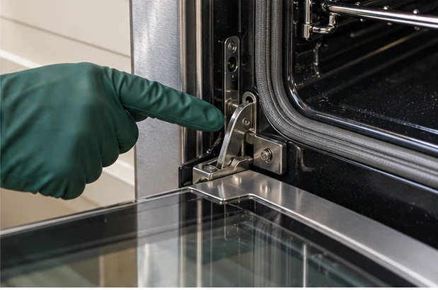 Close view of an oven door fitting