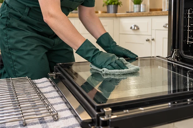 Close cleaning of oven door glass