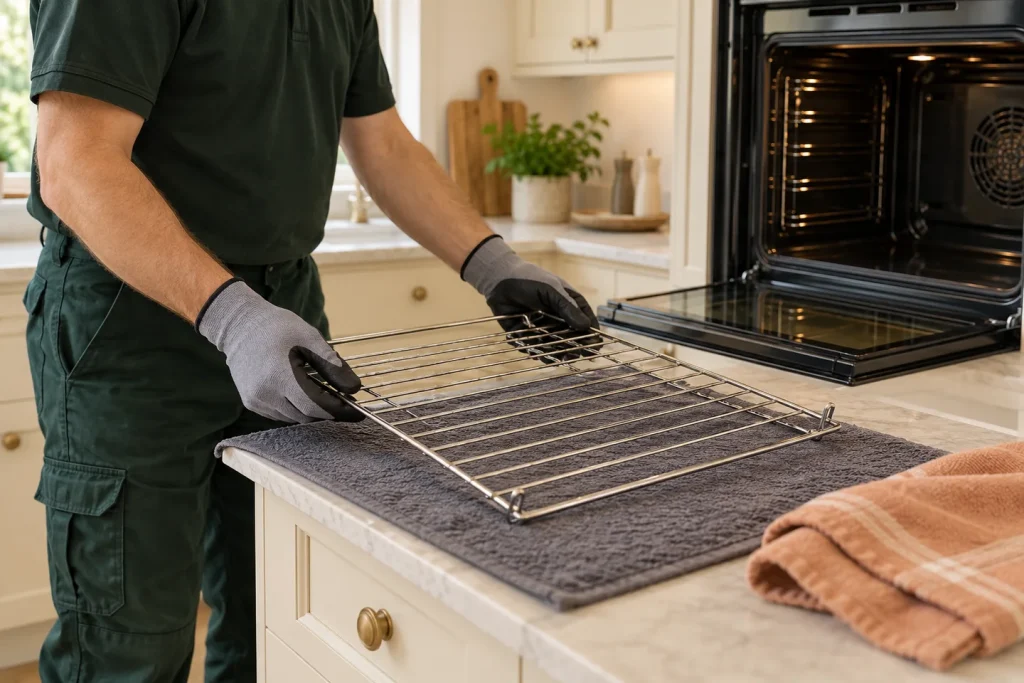 Technician checking a removable oven shelf on a protected kitchen worktop