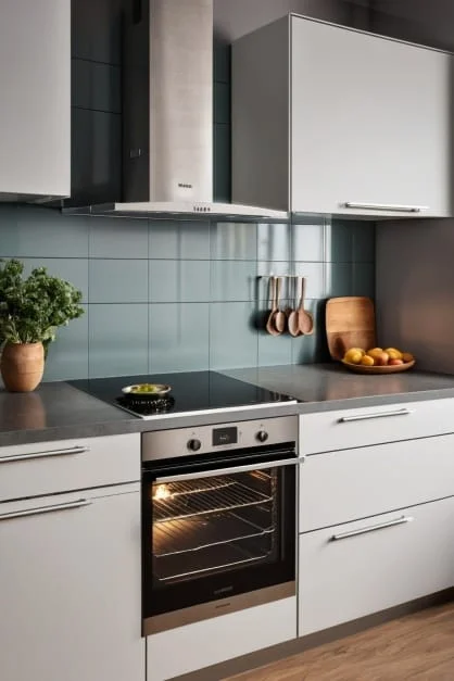Dark worktop and white kitchen cabinetry